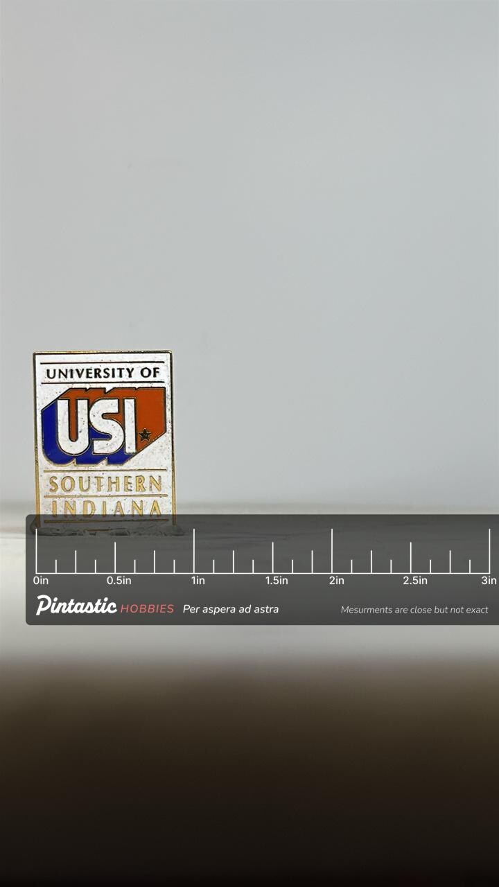 University of Southern Indiana Pin: White Enamel & Gold Trim - College Collectible Accessory with ruler overlay for size refe