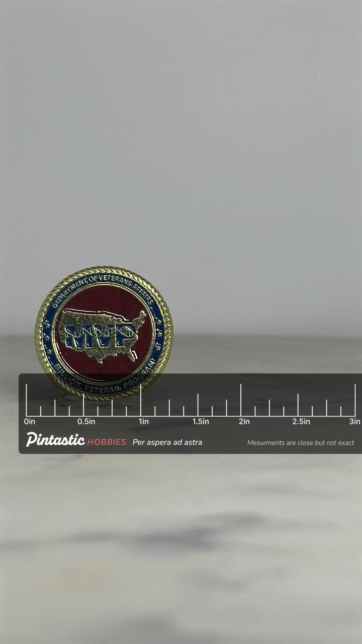 Veterans Affairs MVP Pin: Gold Trim Red Blue Enamel - Military Tribute Accessory with ruler overlay for size reference