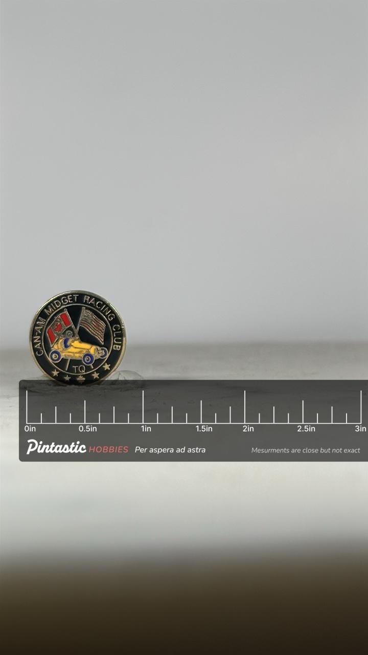 Can-Am Midget Racing Club Pin: Yellow Car Enamel - Vintage Motorsport Accessory with ruler overlay for size reference