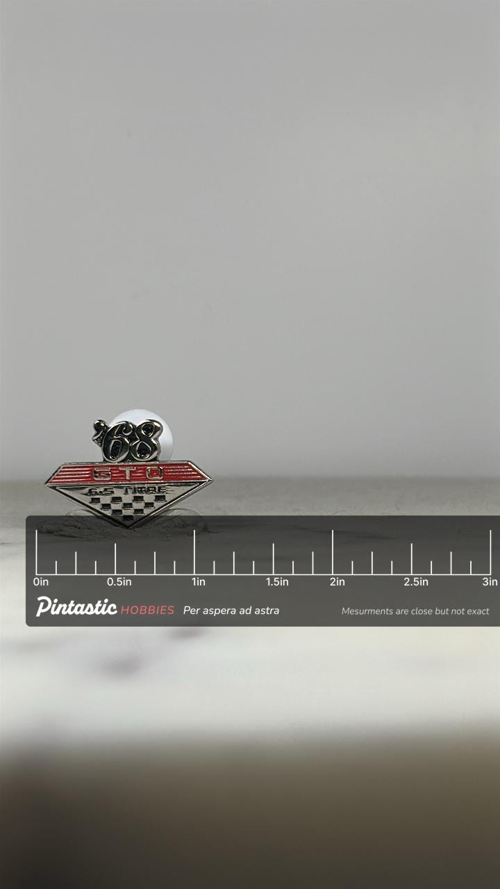 1968 GTO Enamel Pin: Red Silver Finish - Muscle Car Accessory with ruler overlay for size reference