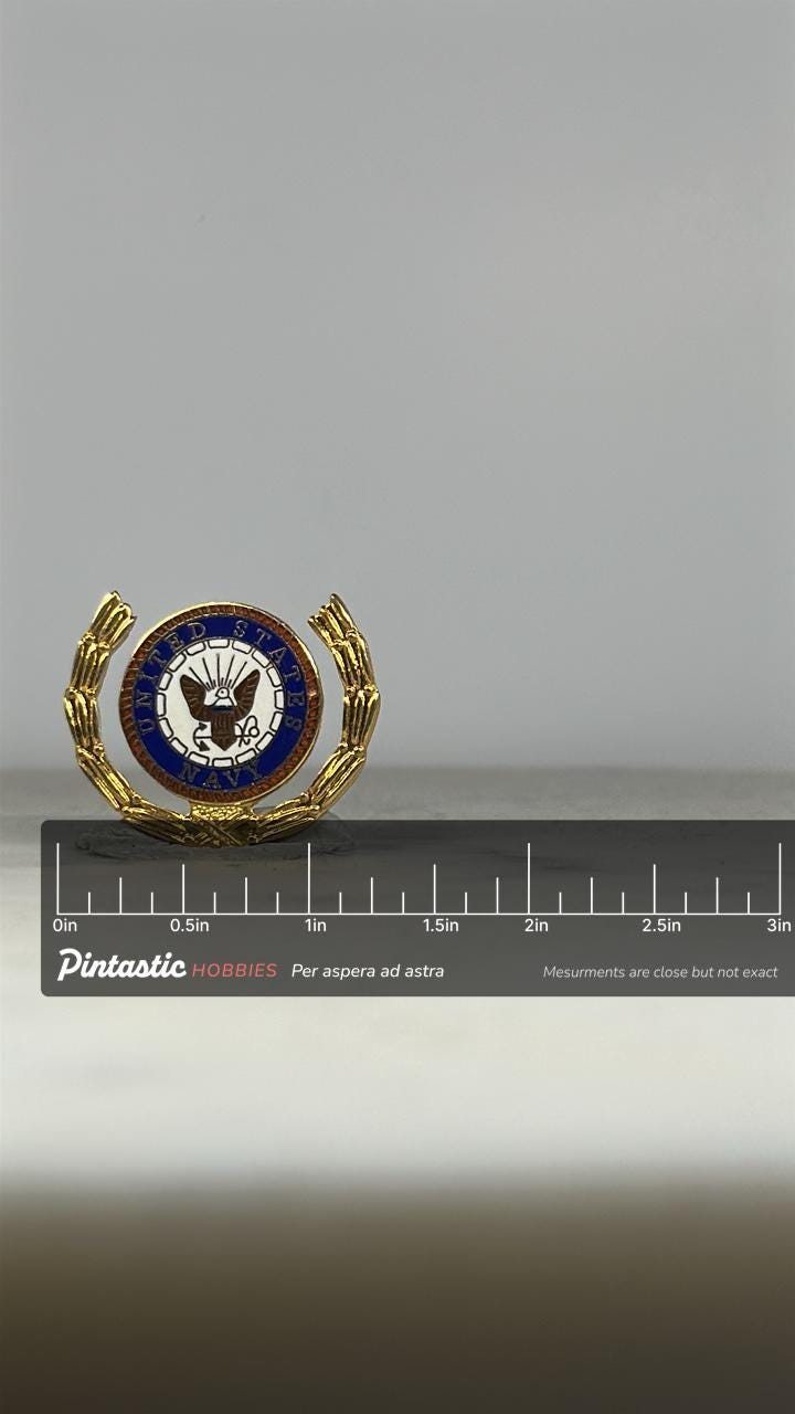 U.S. Navy Emblem Pin: Gold & Blue Enamel - Military Tribute Accessory with ruler overlay for size reference