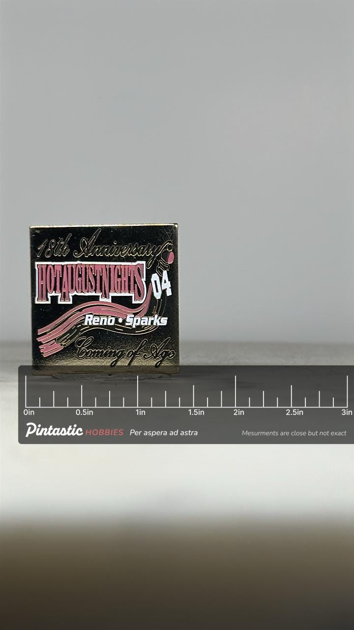 Hot August Nights Enamel Pin: Gold & Pink - 2004 Car Show Accessory with ruler overlay for size reference