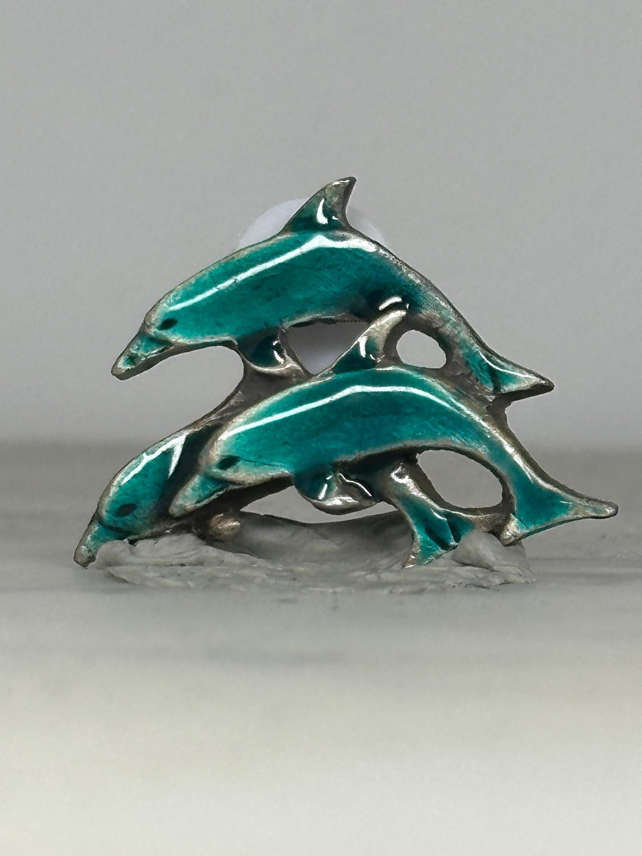 Dolphin Trio Enamel Pin: Teal Silver Tone - Vintage Ocean Accessory