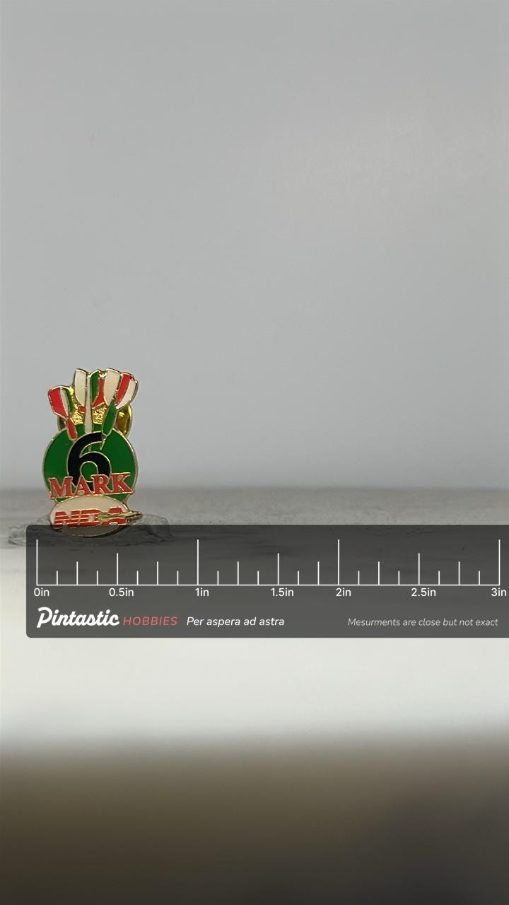 Vintage NDA Mark 6 Pin – National Dart Association Achievement Enamel Lapel Pin with ruler overlay for size reference