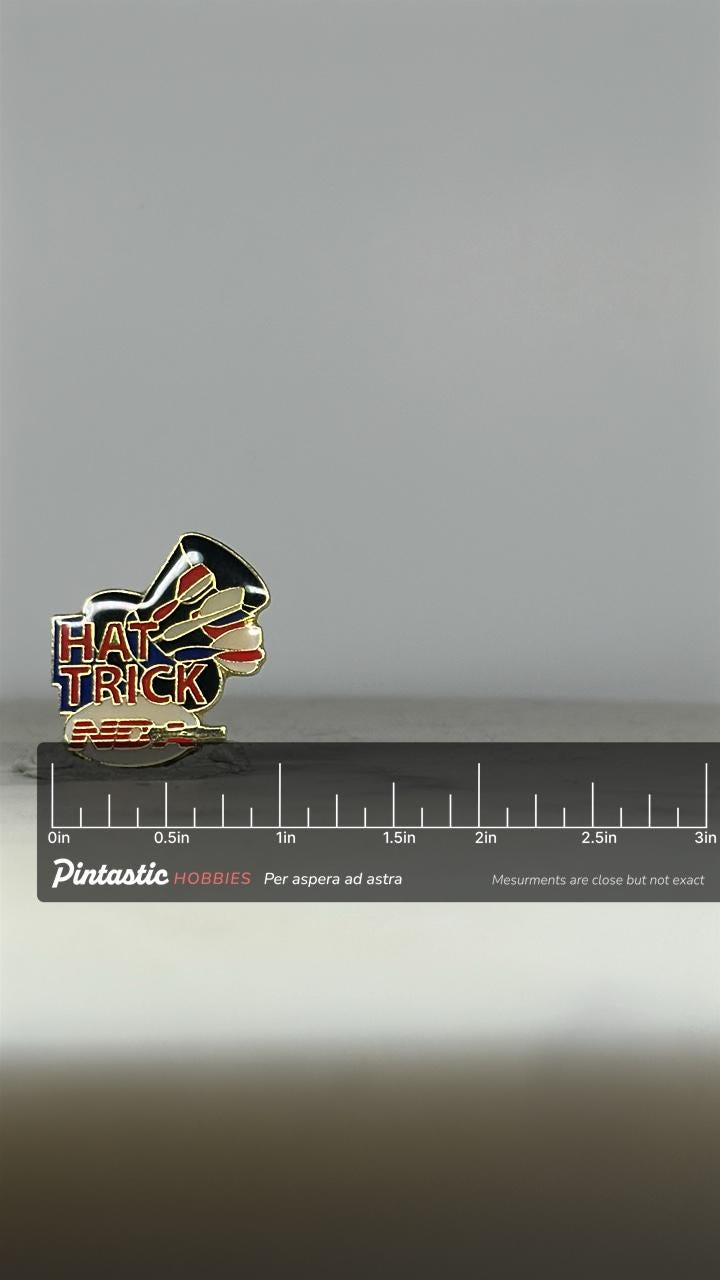 Vintage NDA Hat Trick Pin – National Dart Association Bullseye Achievement Enamel Lapel Pin with ruler overlay for size refer