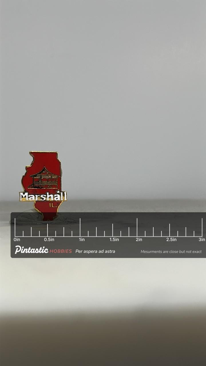 Marshall Illinois State Pin: Red Enamel Gold Trim - Vintage Travel Accessory with ruler overlay for size reference