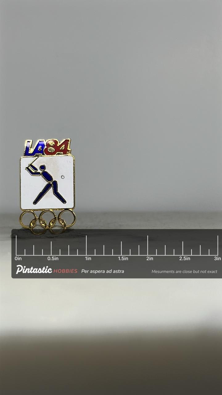 LA84  Baseball Olympics Enamel Pin: Gold Blue Red - 1984 Sports Accessory with ruler overlay for size reference