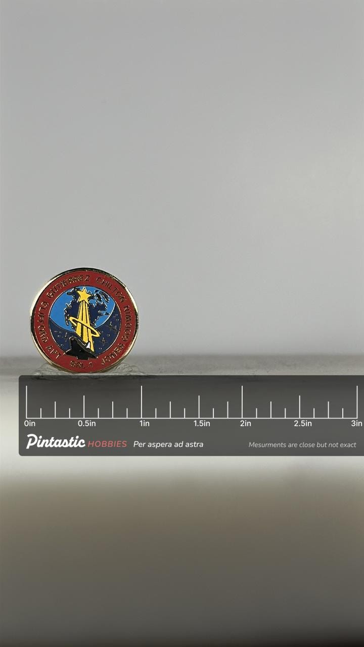 SRL-1 Mission Enamel Pin: Red & Gold NASA Emblem - Space Collector Accessory with ruler overlay for size reference