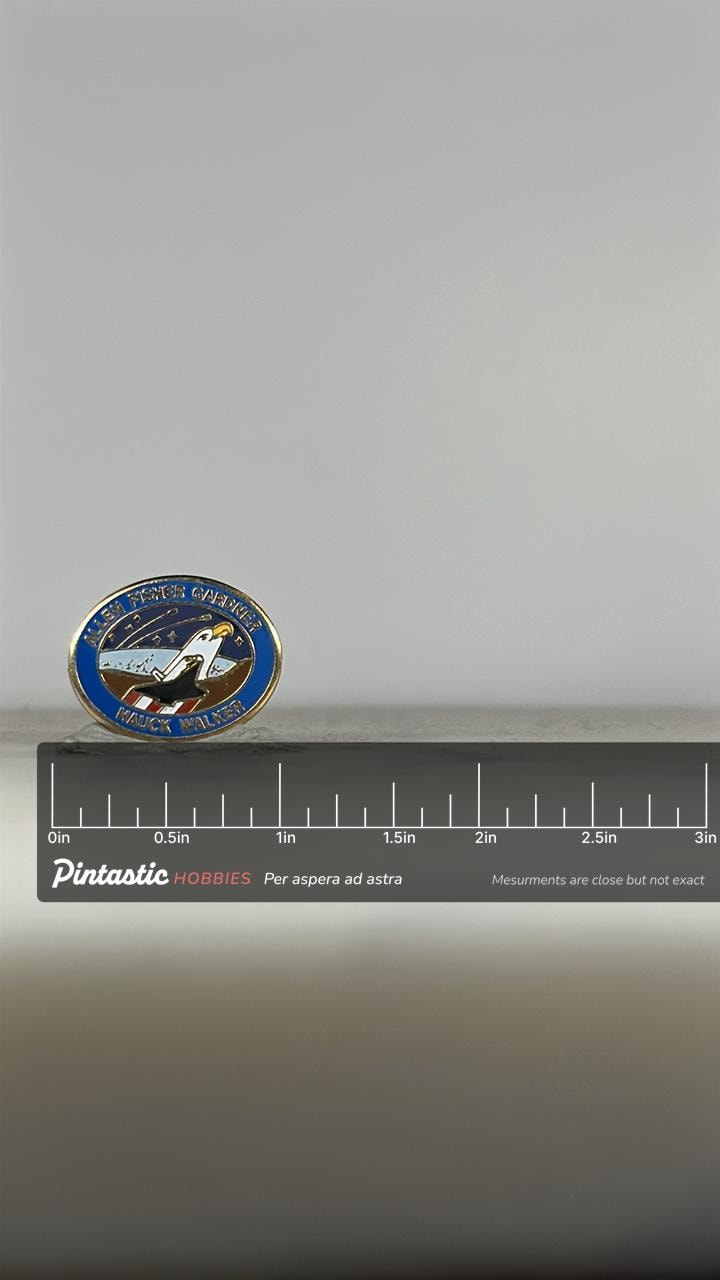 NASA STS-51-A Mission Pin: Gold Trim Blue Enamel - Vintage Space Accessory with ruler overlay for size reference