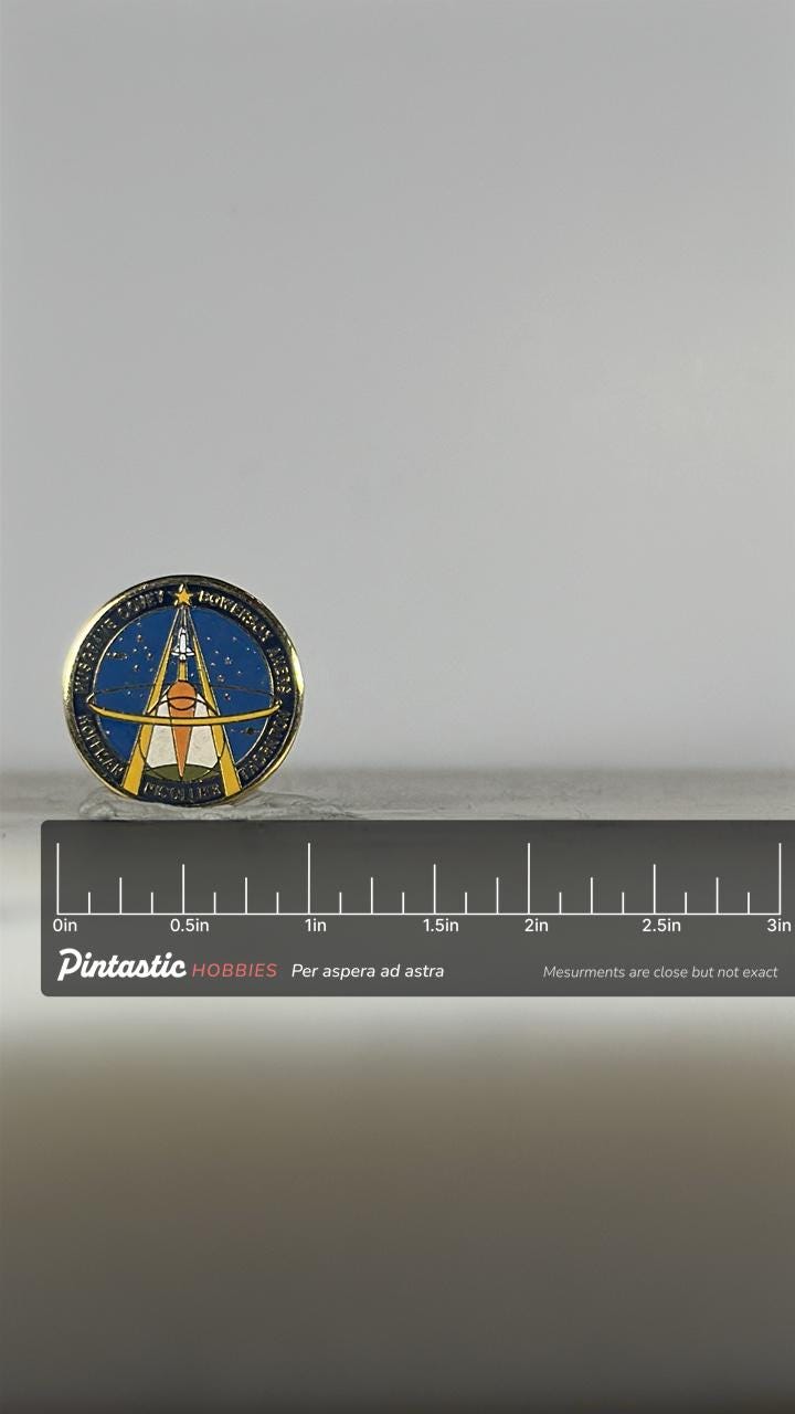 NASA STS-61 Mission Pin: Gold Enamel Astronaut Design - Space Shuttle Era Accessory with ruler overlay for size reference