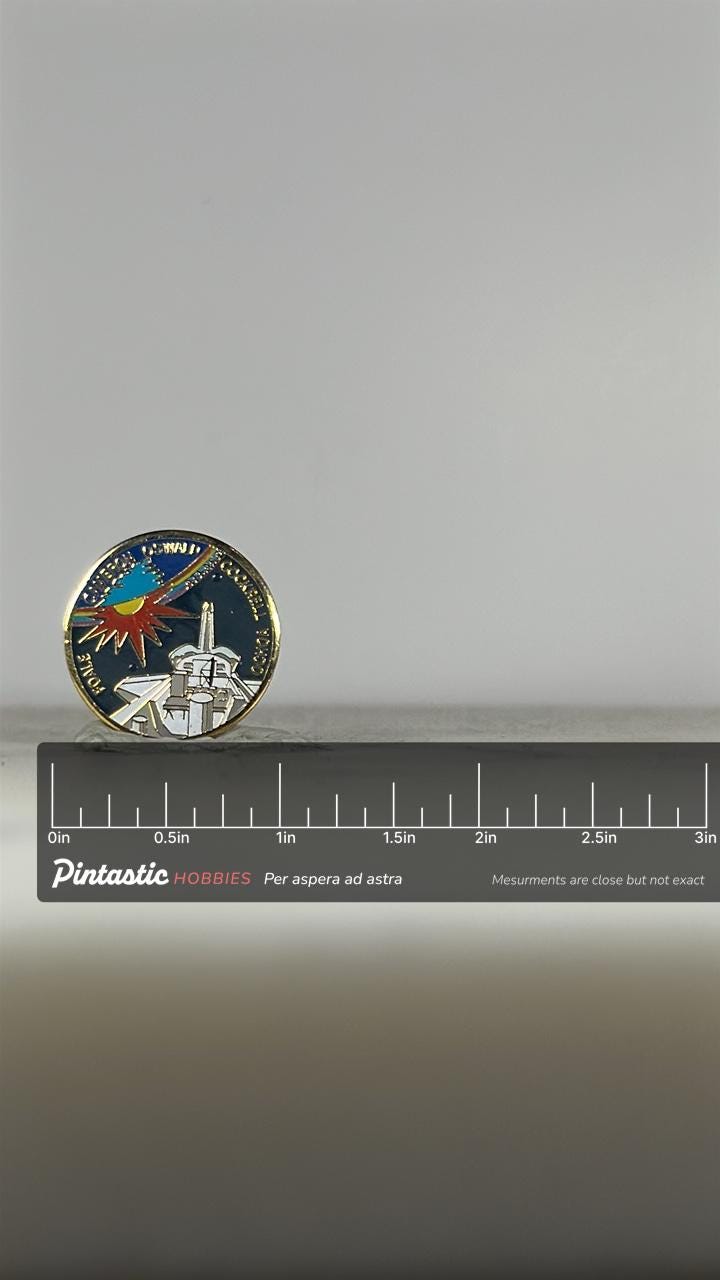 NASA STS-56 Mission Enamel Pin: Gold Trim Space Shuttle - 1990s Space Accessory with ruler overlay for size reference