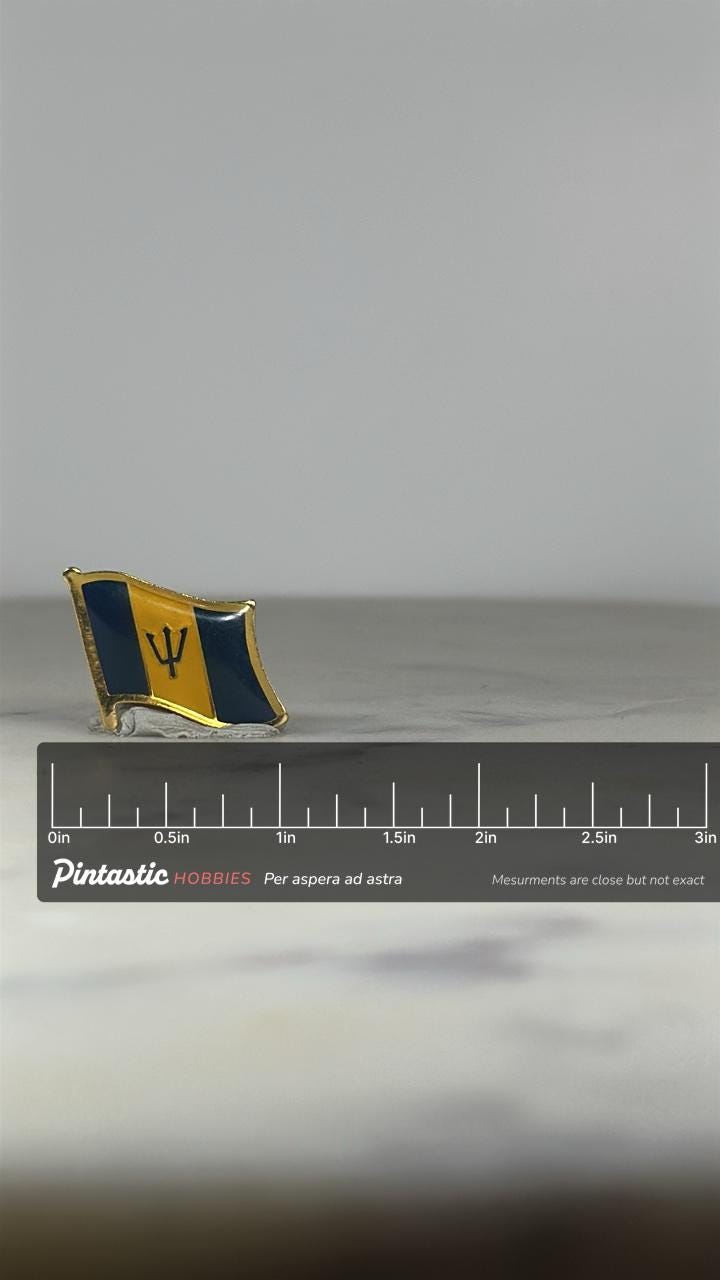 Barbados Flag Enamel Pin: Gold Trim Wavy Design - Travel Souvenir Accessory with ruler overlay for size reference