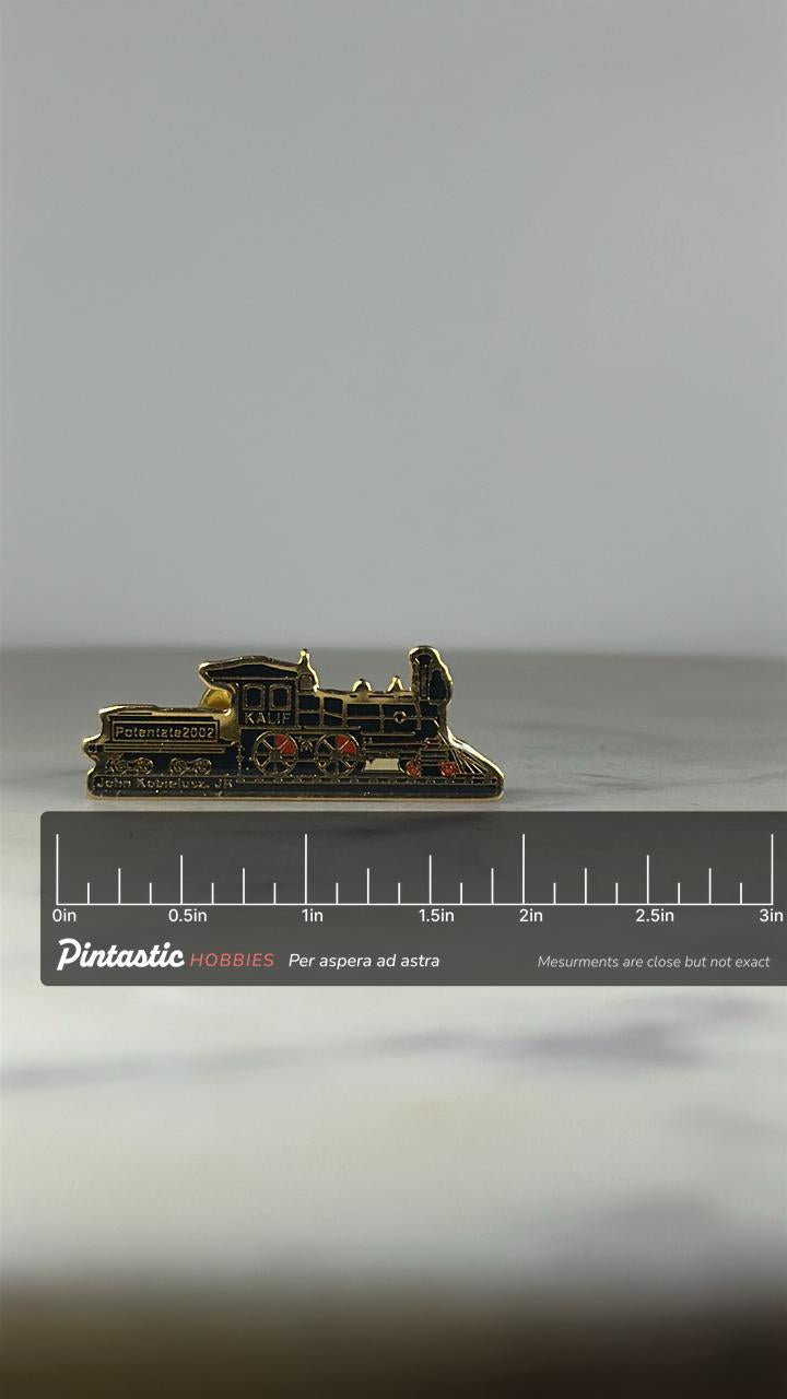 2002 Kalif Shriners Train Pin – John Kobrelusz Jr. Potentate Enamel Lapel Badge with ruler overlay for size reference