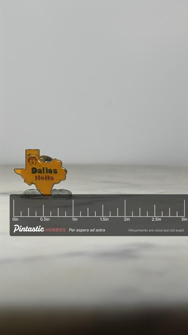 Dallas Shriners Hella State Pin: Yellow Enamel Finish - Vintage Texas Accessory with ruler overlay for size reference