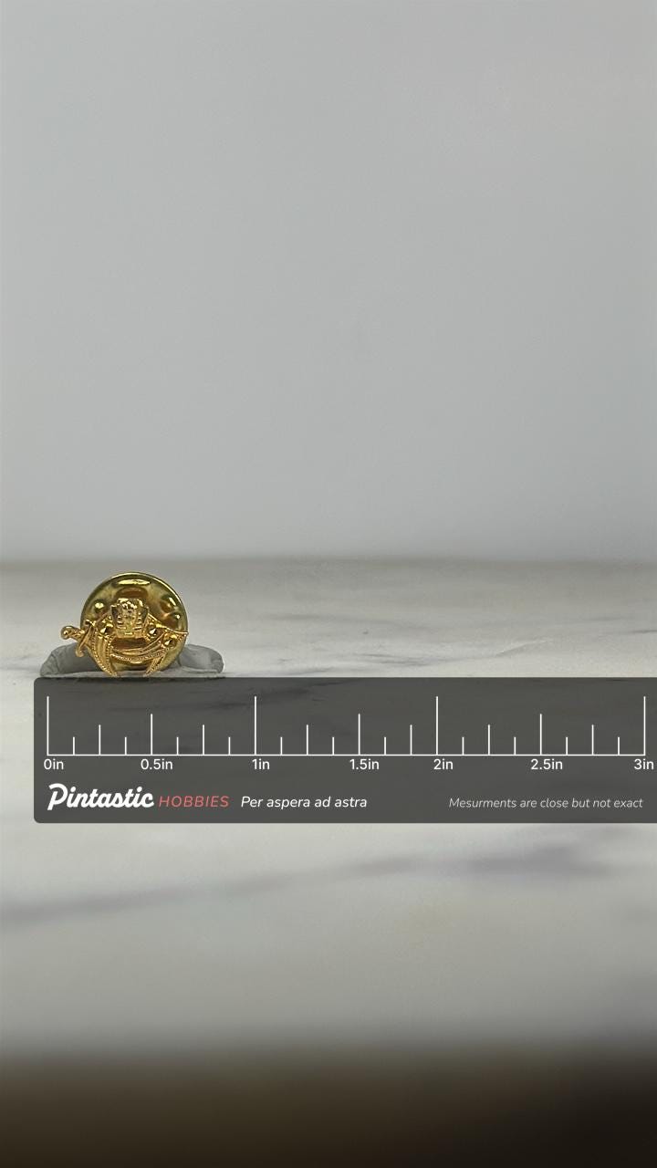 Shriner Scimitar Lapel Pin: Gold Tone Finish - Fraternal Order Accessory with ruler overlay for size reference