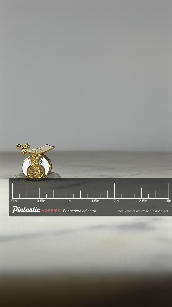 Shriners Enamel Pin: Gold & White Crest - Fraternal Vintage Accessory with ruler overlay for size reference