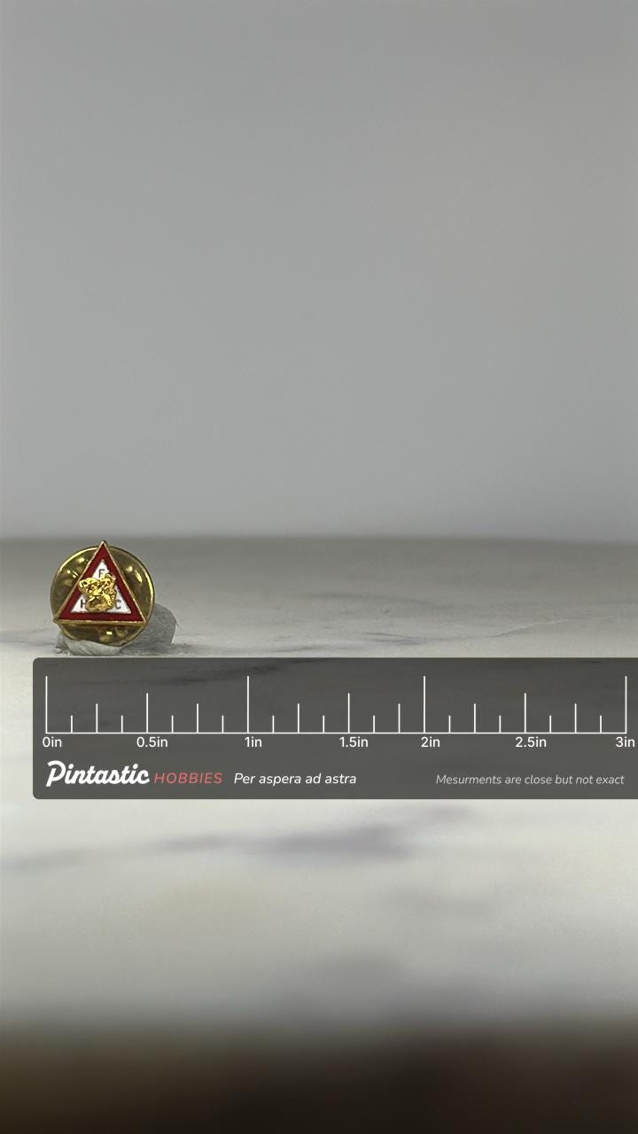 Loyal Order of Moose Lapel Pin – Faith Hope Charity Triangle Emblem Badge with ruler overlay for size reference