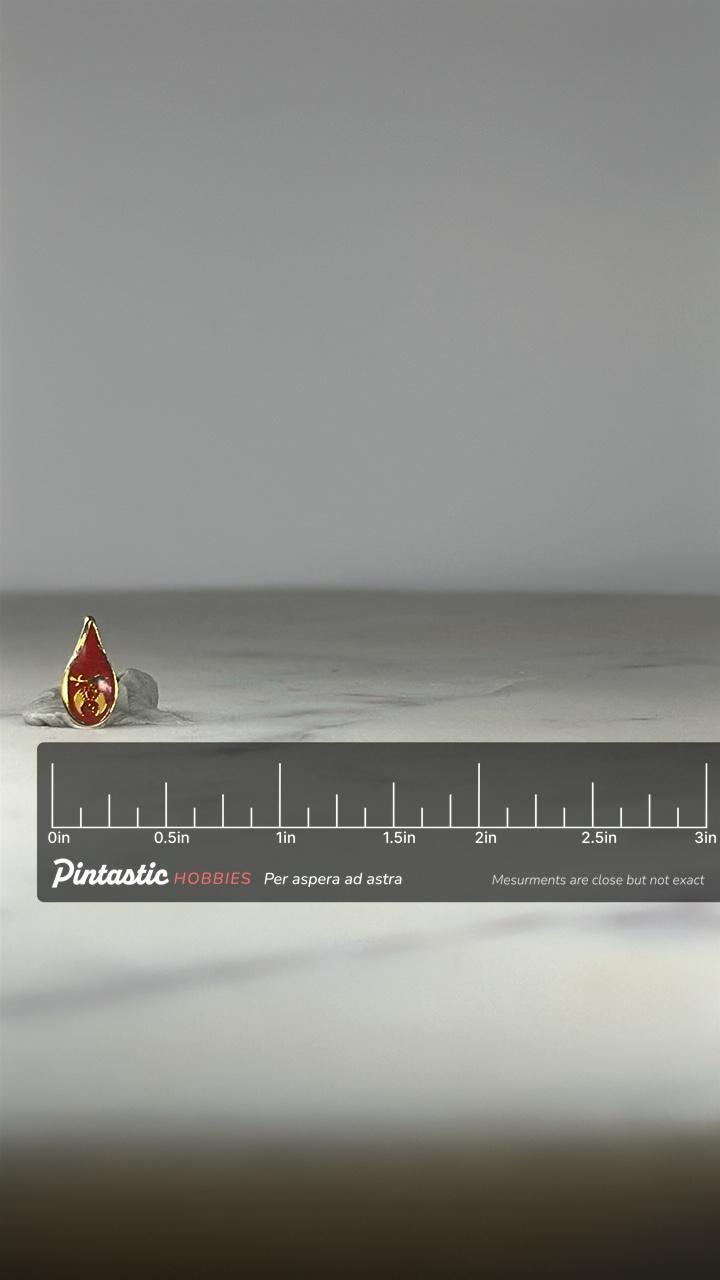 Shriners Red Drop Pin – Vintage Masonic Fraternal Lapel Pin with Scimitar Symbol with ruler overlay for size reference