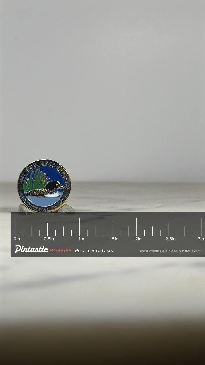 1997 Fur Rendezvous Enamel Pin: Gold Trim Alaska Loon - Vintage Festival Accessory with ruler overlay for size reference