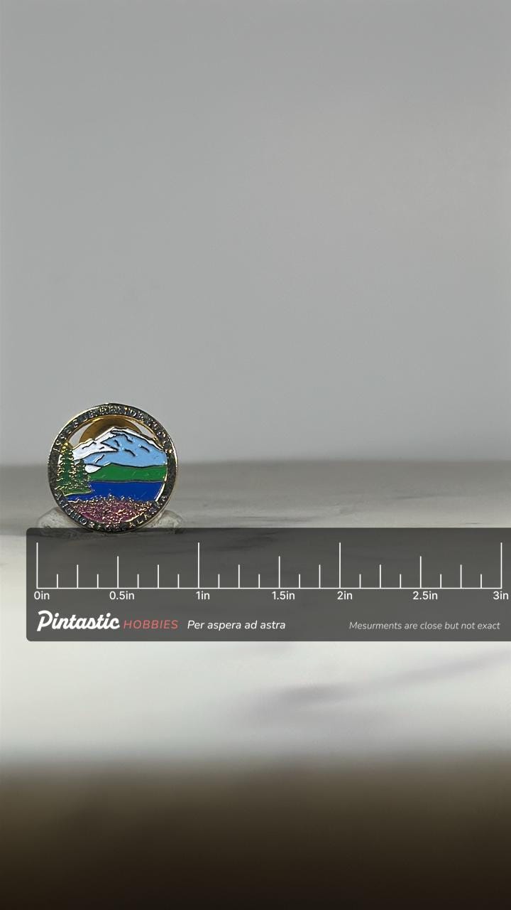 1995 Fur Rendezvous Pin: Scenic Enamel Gold-Tone - Alaska Event Accessory with ruler overlay for size reference