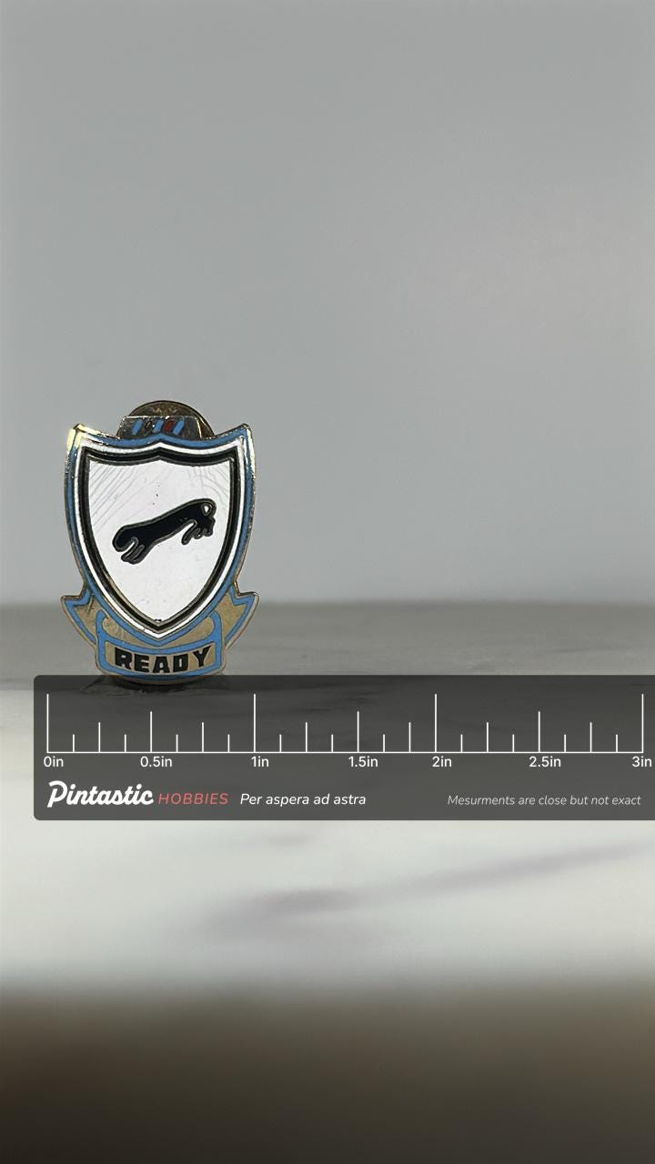Military Unit Crest Pin: Silver Blue Enamel - Vintage Army Accessory with ruler overlay for size reference