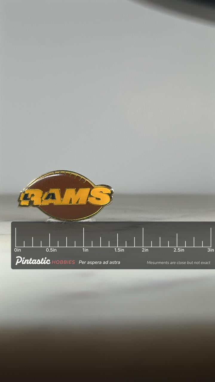 Rams Football Enamel Pin: Gold & Brown Finish - Vintage Sports Accessory with ruler overlay for size reference