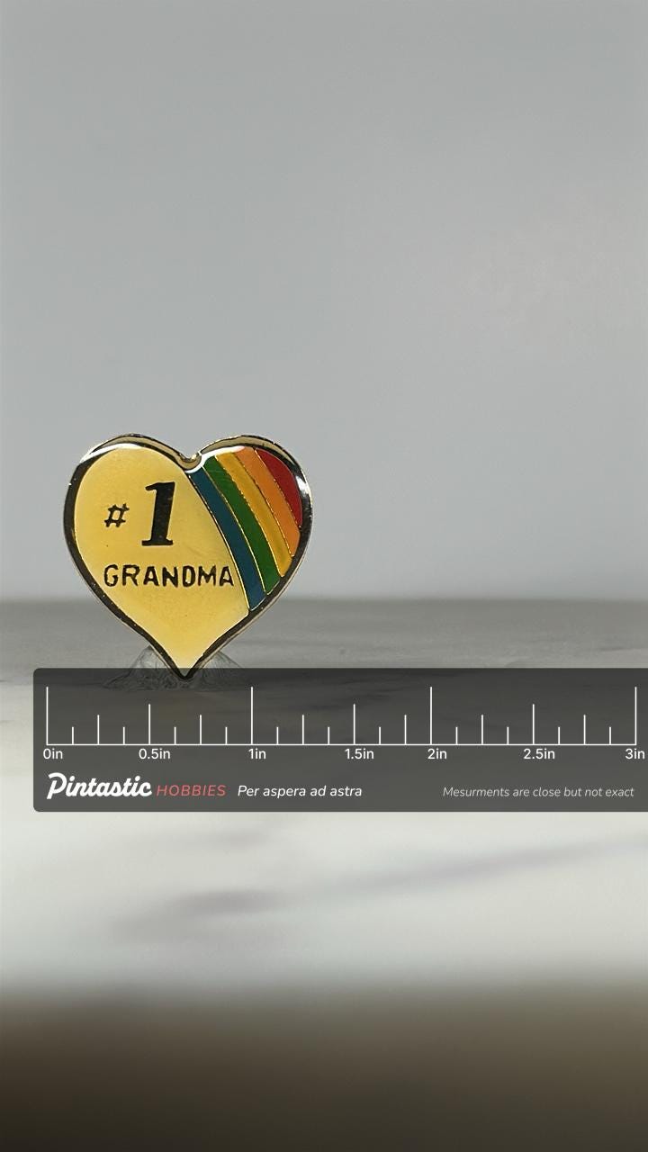 Number 1 Grandma Heart Enamel Pin: Rainbow Gold-Tone - Retro Gift Accessory with ruler overlay for size reference