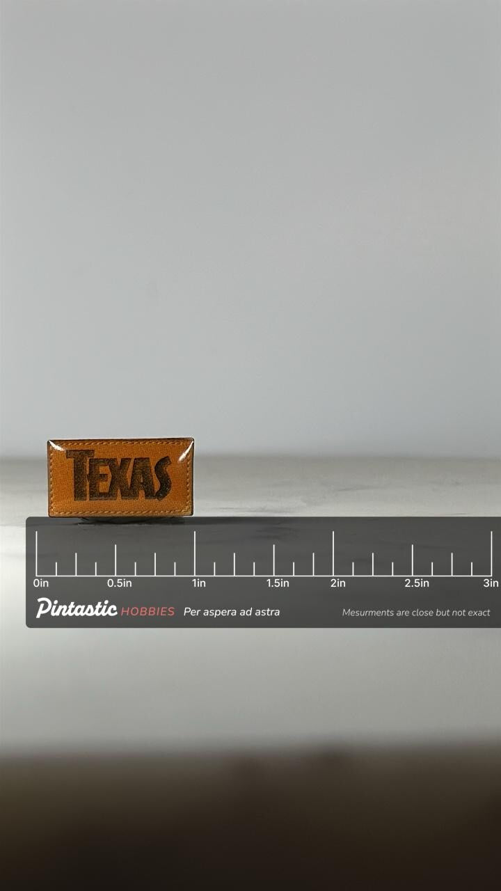 Texas Souvenir Pin: Faux Leather Brown - Vintage State Accessory with ruler overlay for size reference