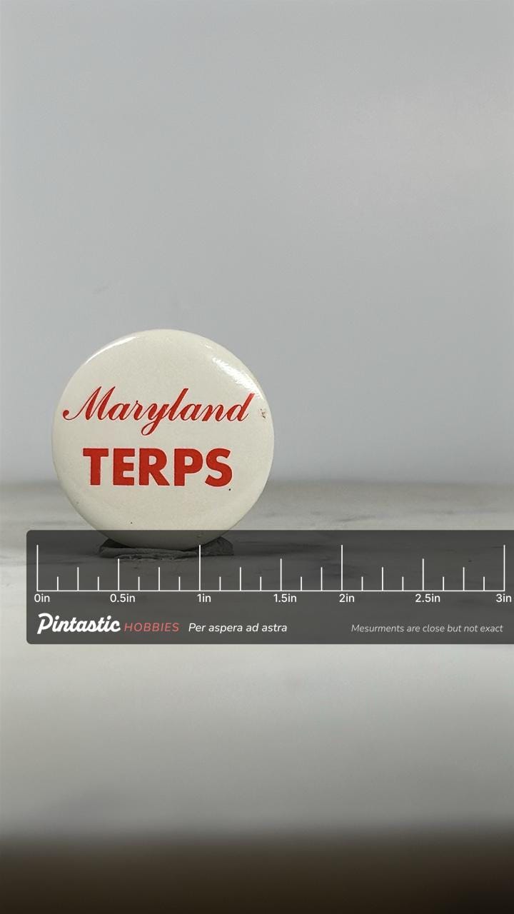 Maryland Terps Button Pin: Red & White - Vintage College Accessory with ruler overlay for size reference
