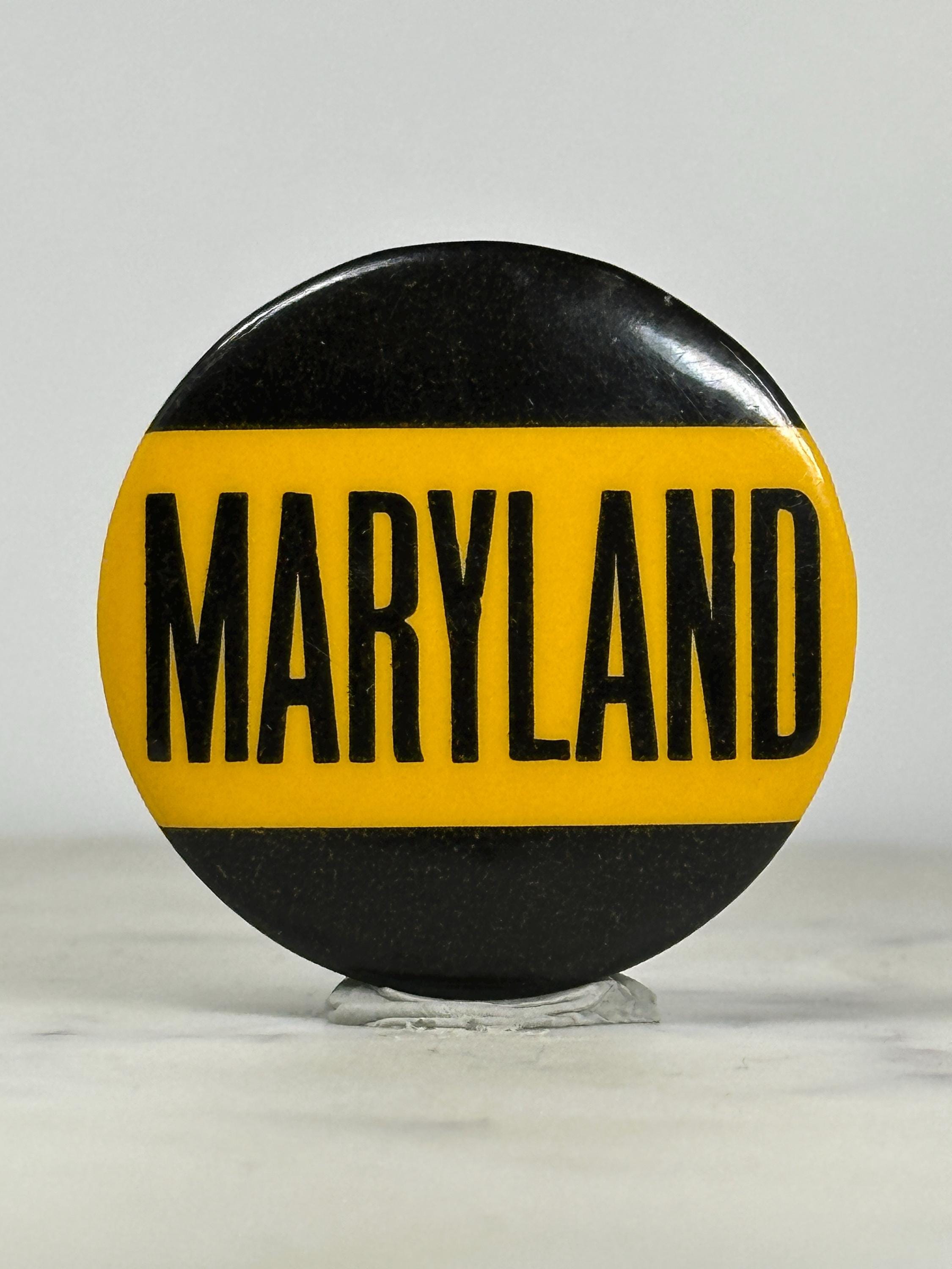 University of Maryland Button Pin: Yellow & Black Text - Vintage College Accessory