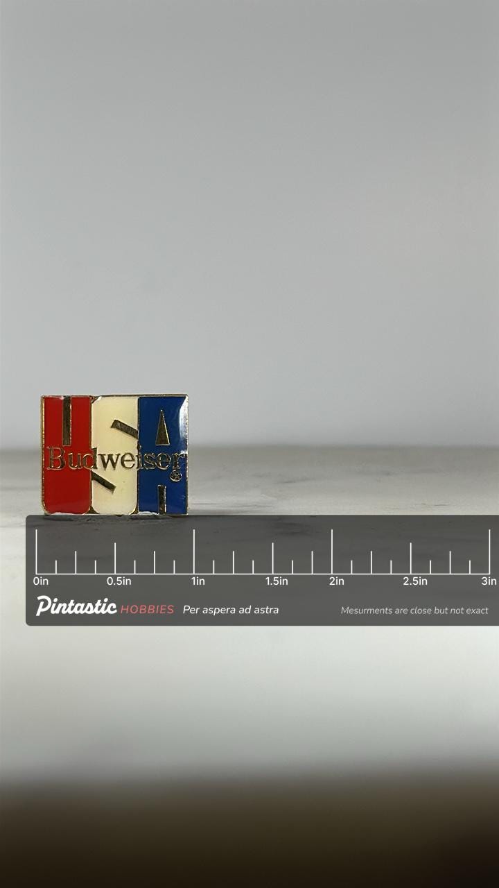 Budweiser USA Enamel Pin: Red White Blue Gold - Patriotic Retro Accessory with ruler overlay for size reference