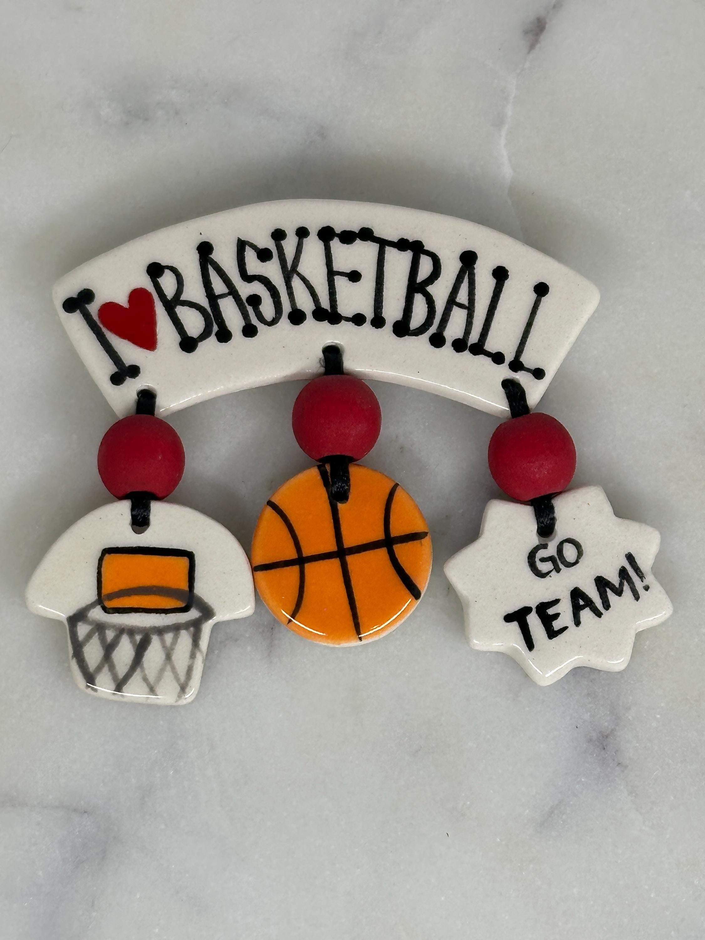 I Love Basketball Pin: Handmade Ceramic Dangling - Retro Sports Accessory