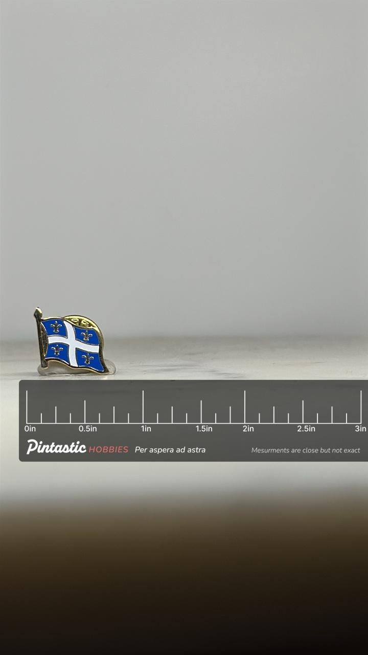 Quebec Flag Lapel Pin: Blue White Enamel - Patriotic Collectible Accessory with ruler overlay for size reference
