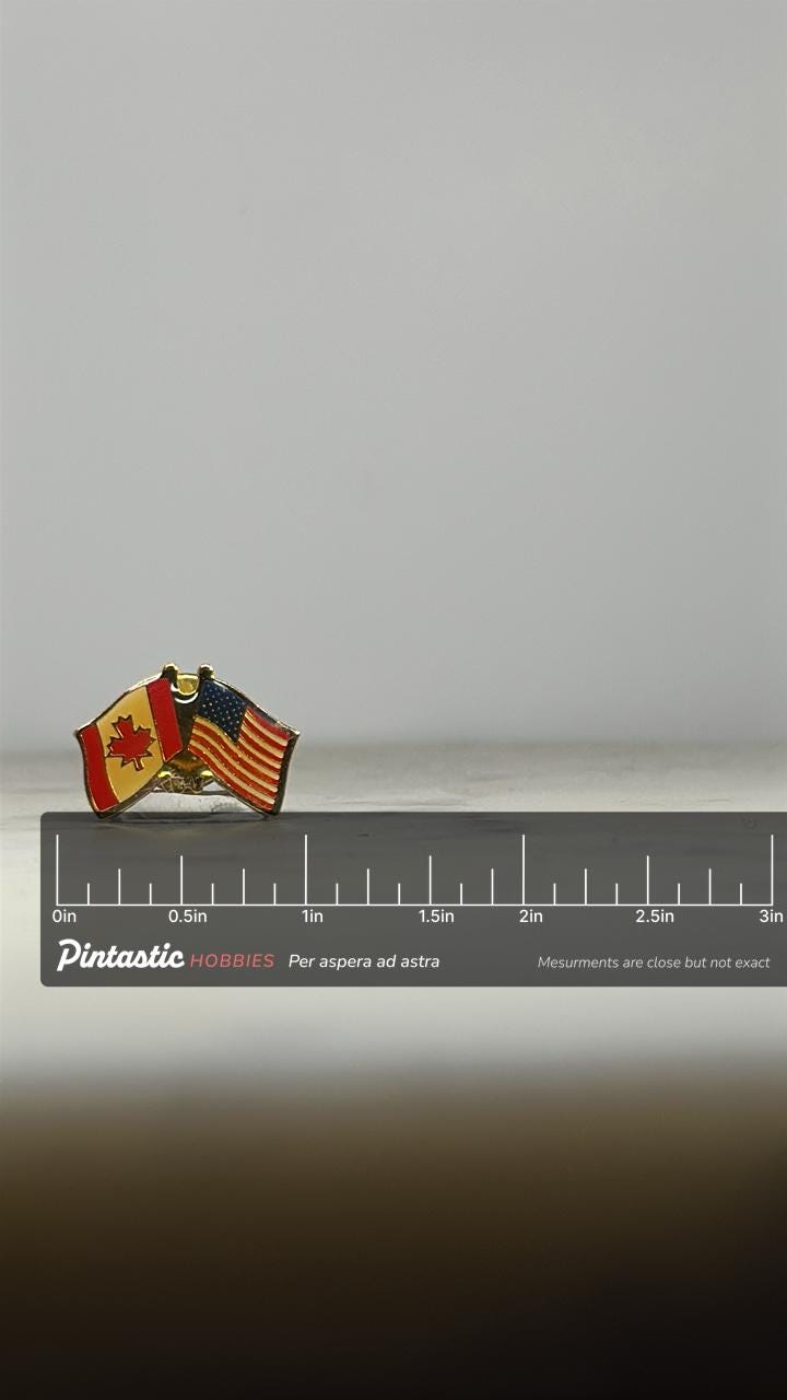 Canada USA Flag Pin: Gold Tone Enamel - Patriotic Collectible Accessory with ruler overlay for size reference
