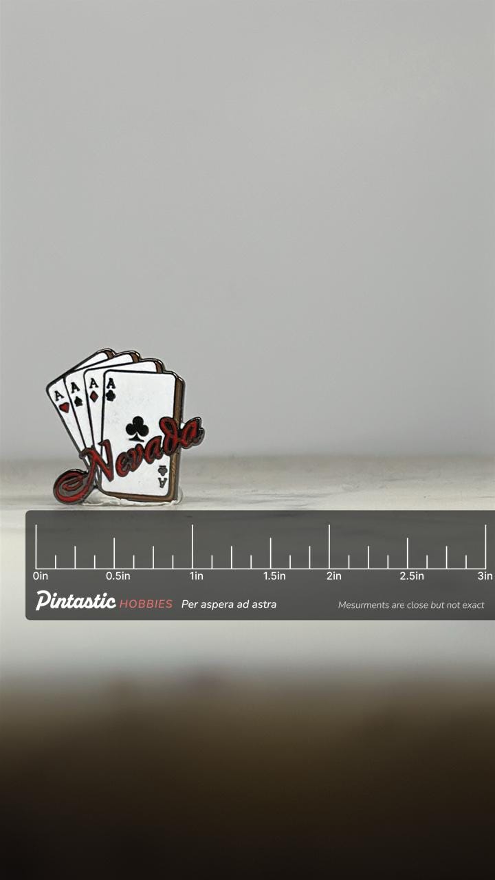 Nevada Playing Cards Pin: Red & White Enamel - Vintage Souvenir Accessory with ruler overlay for size reference