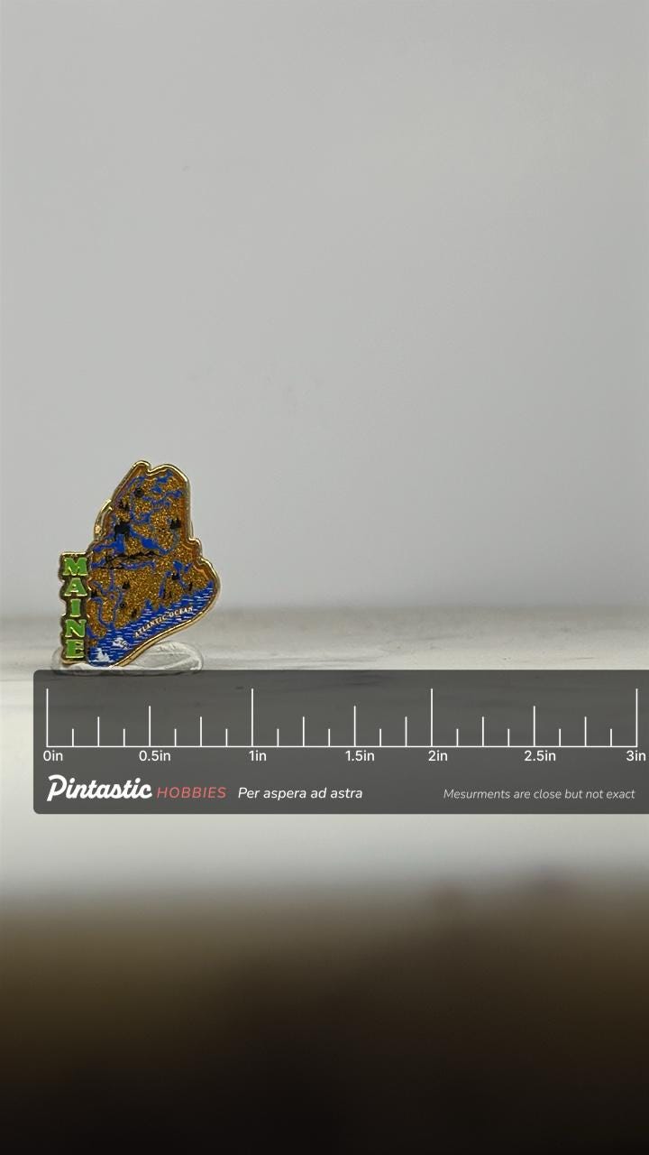 Maine State Map Enamel Pin: Gold Blue Green Finish - Vintage Travel Accessory with ruler overlay for size reference