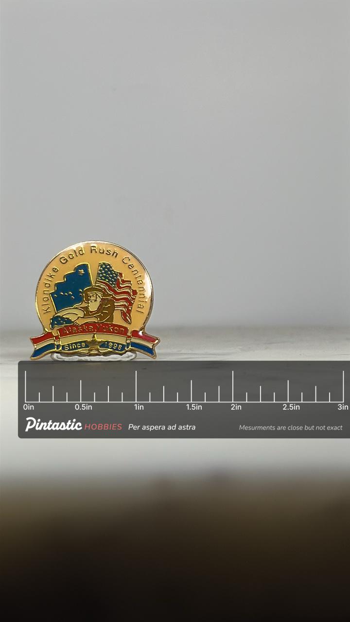 Klondike Gold Rush Pin: Red White Blue Enamel - Alaska Yukon Centennial Accessory with ruler overlay for size reference