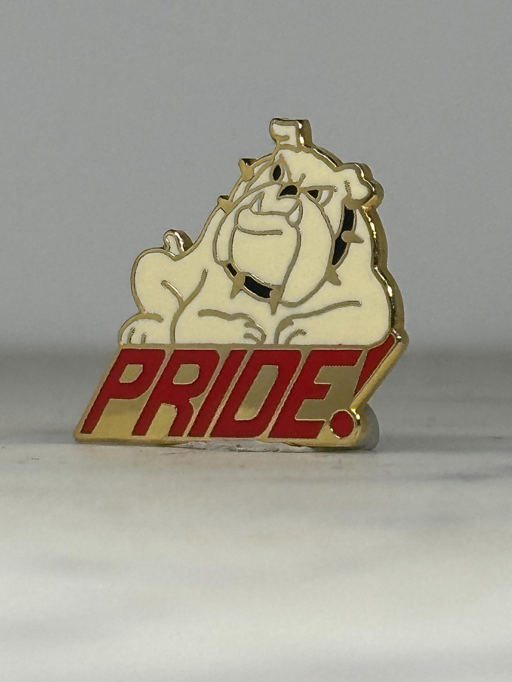 Bulldog Mascot Enamel Pin: White/Red/Gold Finish - Vintage School Spirit Accessory