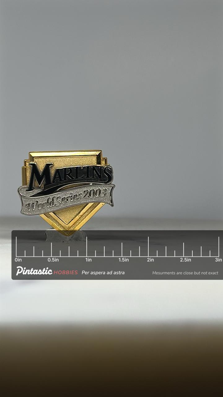 Marlins World Series Pin: Silver & Gold Home Plate - 2003 Baseball Accessory with ruler overlay for size reference