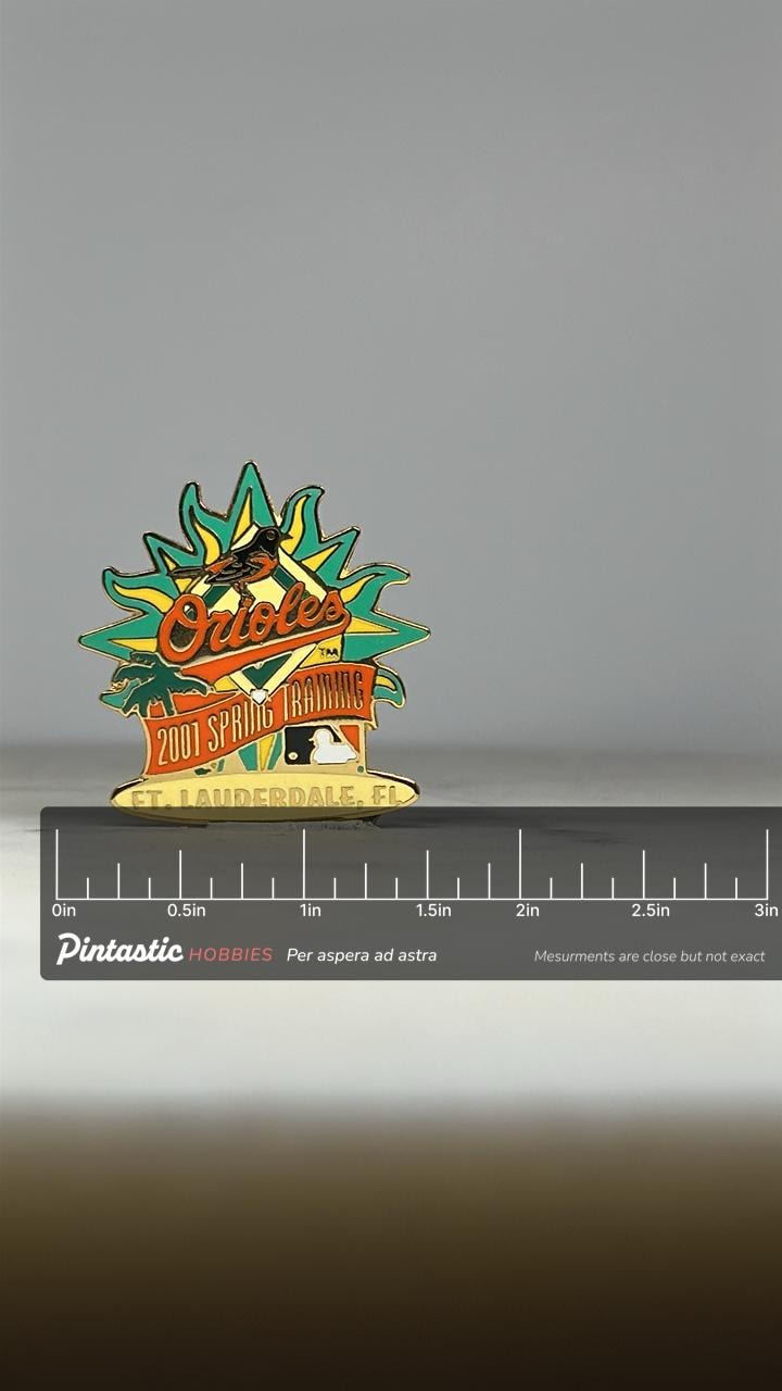 Orioles Baseball Pin: Gold Enamel Ft. Lauderdale - 2001 Spring Training Accessory with ruler overlay for size reference