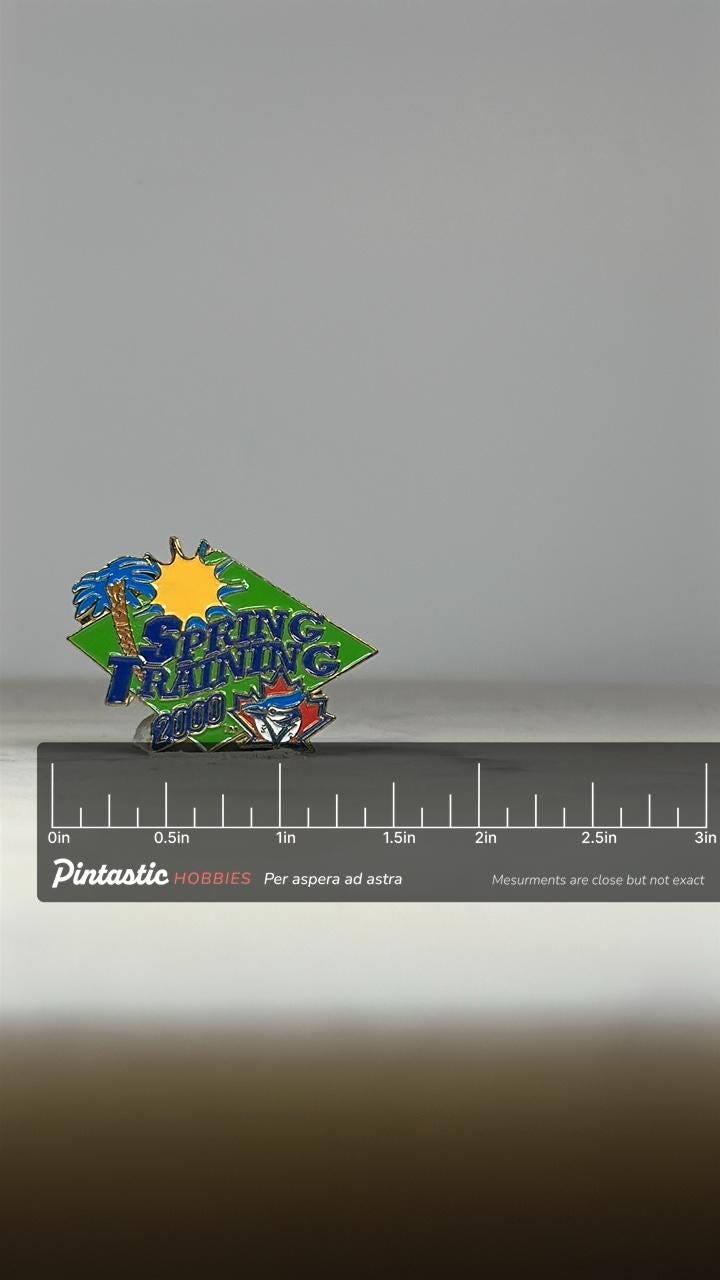 Spring Training Baseball Pin: Blue Green Enamel - 2000 Sports Accessory with ruler overlay for size reference