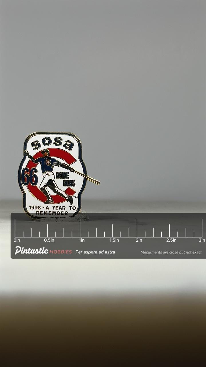 Sammy Sosa Baseball Pin: Enamel Red/Blue/Gold - 1998 Sports Accessory with ruler overlay for size reference