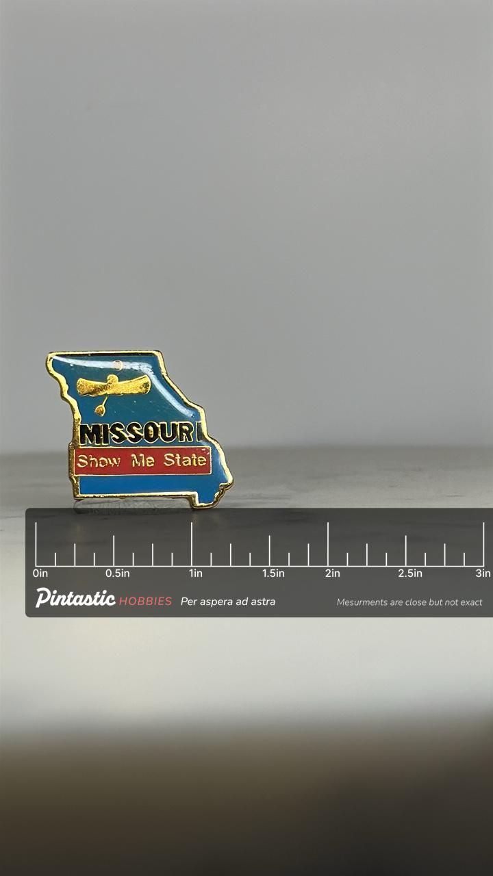 Missouri State Enamel Pin: Blue Red Gold Outline - Vintage Souvenir Accessory with ruler overlay for size reference