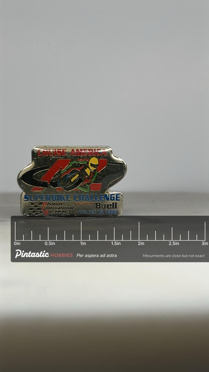 Superbike Challenge Pin: Metallic Multicolor - 1998 Racing Accessory with ruler overlay for size reference