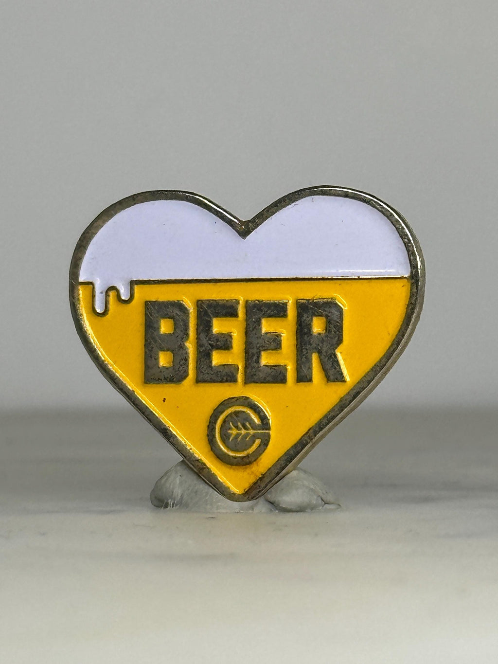 Beer Heart Enamel Pin: Yellow & White Metal - Retro Bar Accessory