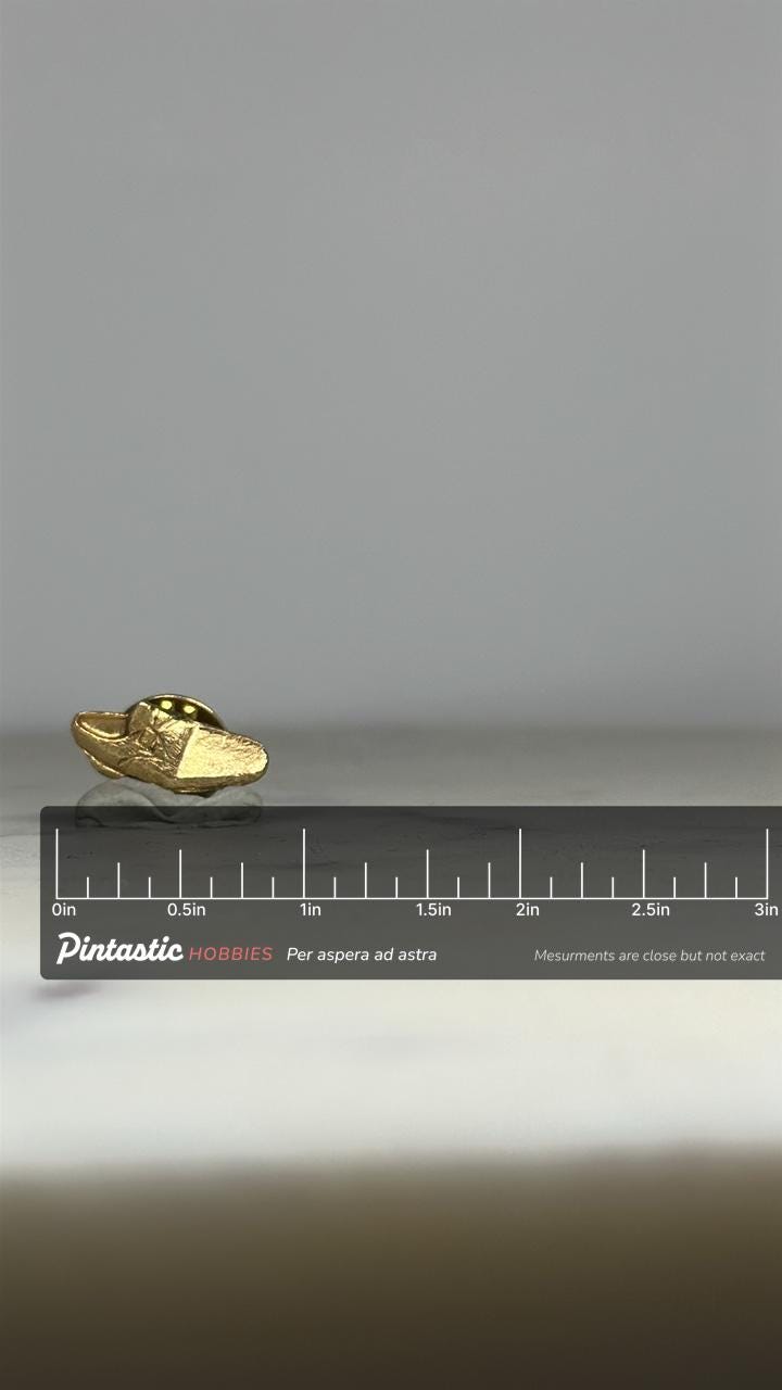 Loafer Shoe Lapel Pin: Textured Gold Tone - Vintage Accessory with ruler overlay for size reference
