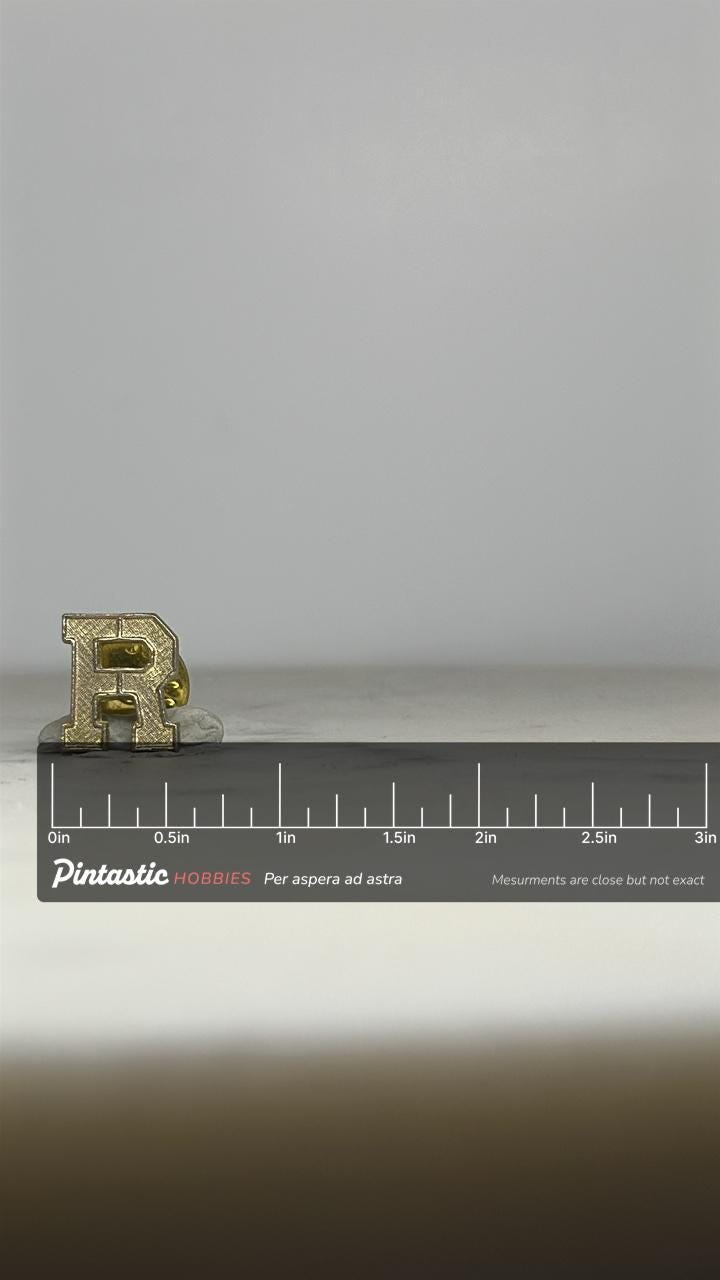 Letter R Lapel Pin: Gold-Tone Metal Finish - Vintage Monogram Accessory with ruler overlay for size reference