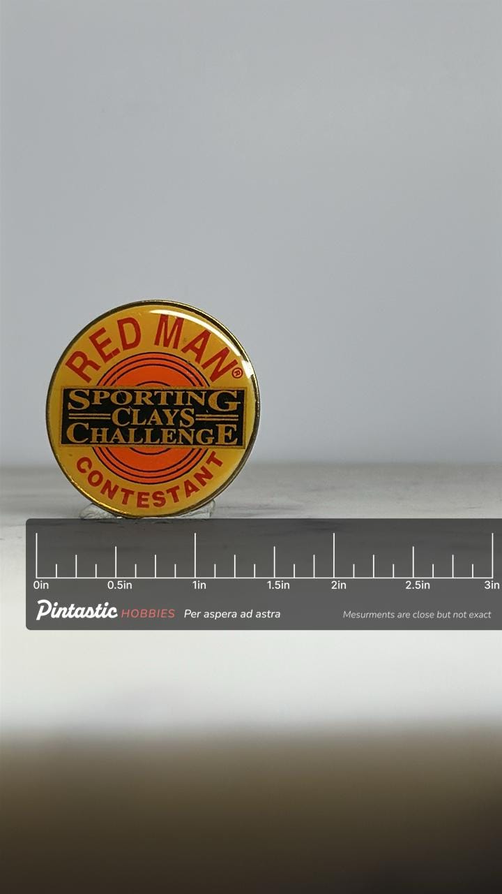 Sporting Clays Challenge Contestant Pin: Yellow Gold Enamel - Vintage Sports Accessory with ruler overlay for size reference