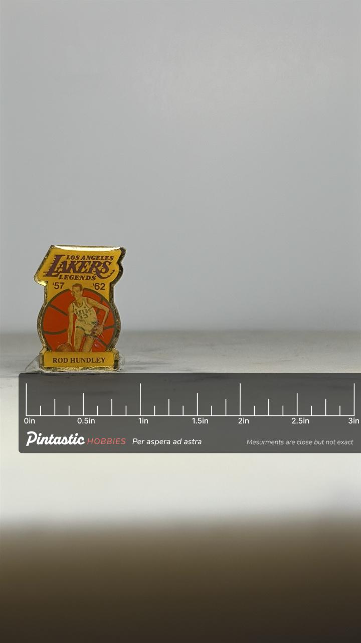 Los Angeles Lakers Rod Hundley Pin: Yellow Enamel - Vintage Sports Accessory with ruler overlay for size reference