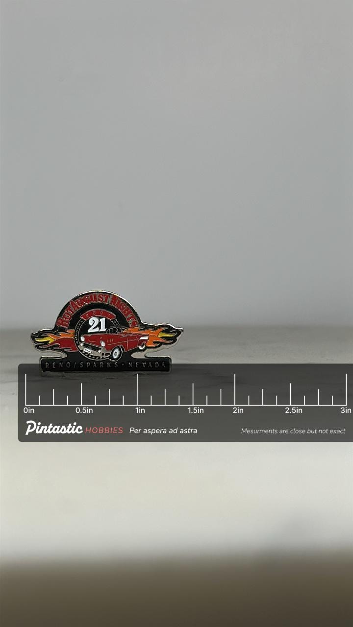 Hot August Nights Car Pin: Red Flame Enamel - 2007 Event Accessory with ruler overlay for size reference